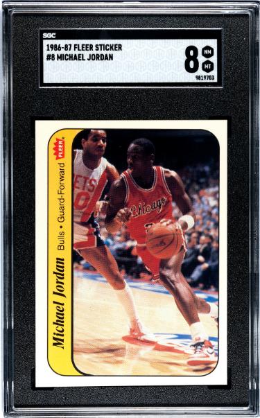 Michael Jordan 1986-87 Fleer Sticker Rookie Card (RC) #8- SGC Graded 8 NM-MT (Chicago Bulls/HOF/GOAT)