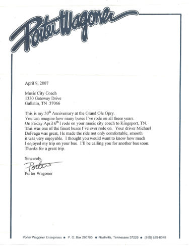 Porter Wagoner signed 2007 Porter Wagoner Enterprises Logo Stationery/Letter -COA (Grand Ole Opry/HOF/RARE)