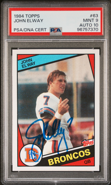 John Elway signed 1984 Topps Rookie On Card Auto Card (RC) #63- PSA Graded 9 Mint/Autograph 10 (Denver Broncos)