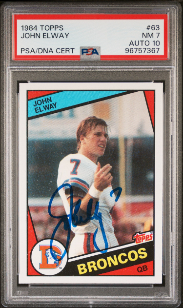 John Elway signed 1984 Topps Rookie On Card Auto Card (RC) #63- PSA Graded 9 Mint/Autograph 10 (Denver Broncos)