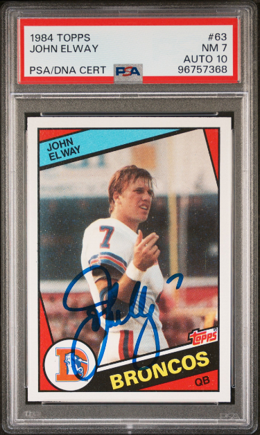 John Elway signed 1984 Topps Rookie On Card Auto Card (RC) #63- PSA Graded 9 Mint/Autograph 10 (Denver Broncos)