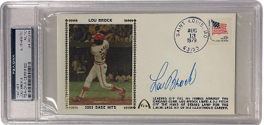 Lou Brock signed 1979 St. Louis Cardinals 3000 Base Hits FDC Gateway Stamp Cachet Envelope PSA/DNA Slabbed Authentic