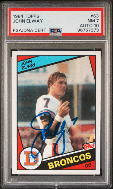 John Elway signed 1984 Topps Rookie On Card Auto (RC) #63- PSA Graded 7 NM/Autograph 10 (Denver Broncos)