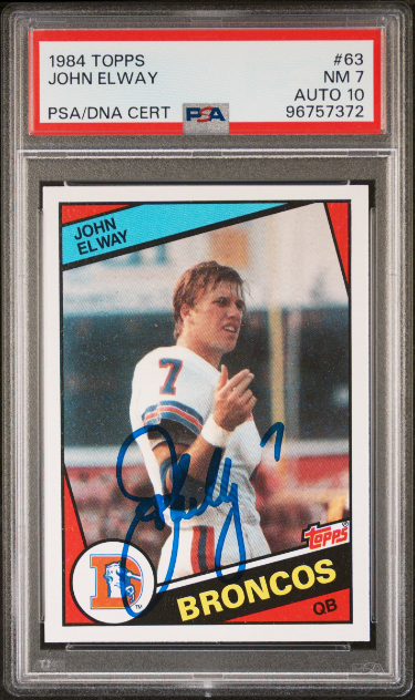 John Elway signed 1984 Topps Rookie On Card Auto (RC) #63- PSA Graded 7 NM/Autograph 10 (Denver Broncos)