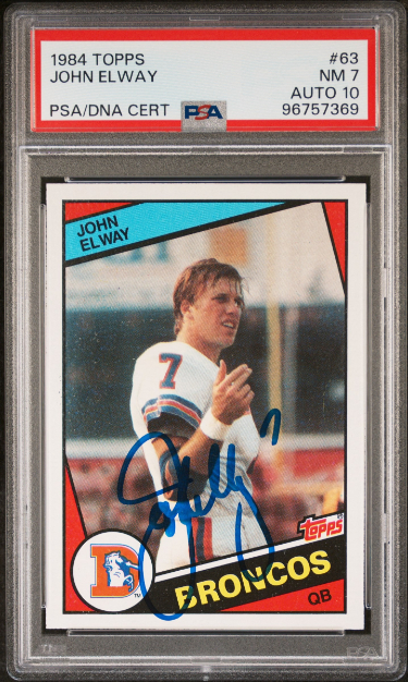 John Elway signed 1984 Topps Rookie On Card Auto (RC) #63- PSA Graded 7 NM/Autograph 10 (Denver Broncos)