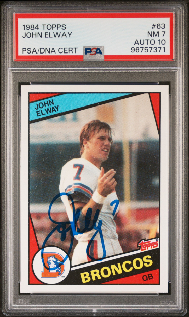 John Elway signed 1984 Topps Rookie On Card Auto (RC) #63- PSA Graded 7 NM/Autograph 10 (Denver Broncos)