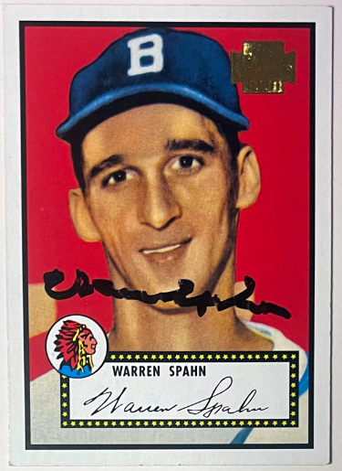 Warren Spahn signed 2001 Topps Archives #33 On Card Auto (Boston Braves/HOF/1952)- COA