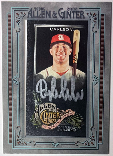 Dylan Carlson signed 2022 Topps Allen & Ginter X Dylan Silver Framed Mini Auto Cardinals Card SP 16/50