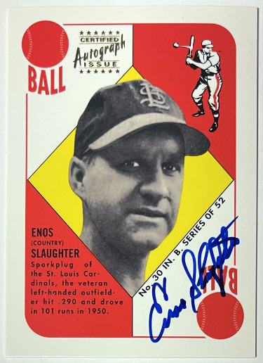 Enos Slaughter signed 1997 Topps Stars Rookie Reprint Certified On Card Auto #14 imperfect (Cardinals/HOF)