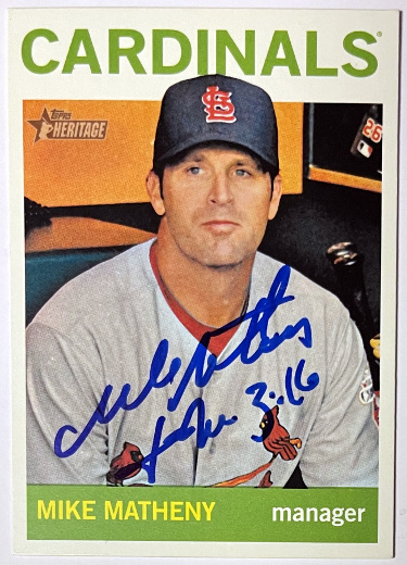 Mike Matheny signed 2013 Topps Heritage On Card Auto #413 John 3:16- COA (St. Louis Cardinals)