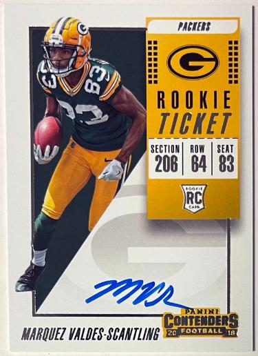 Marquez Valdes-Scantling signed 2018 Panini Contenders Rookie Ticket On Card Auto (RC) #140 (Green Bay Packers)