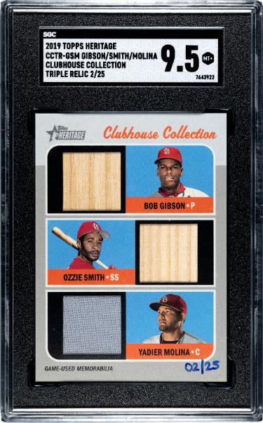 Bob Gibson/Ozzie Smith/Yadier Molina 2019 Topps Heritage Clubhouse Collection Triple Relic Card #CCTR-GSM-/25- SGC Graded 9.5 MT