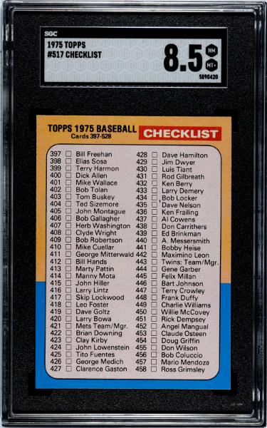 1975 Topps Check List Card #517- SGC Graded 8.5 NM-MT+