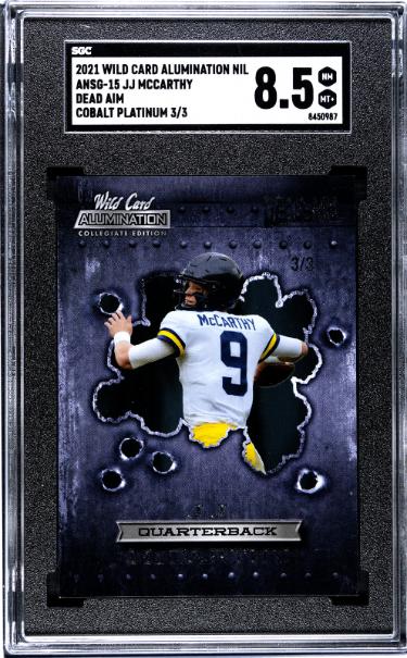 JJ/J.J. McCarthy 2021 Wild Card Alumination Nil Dead Aim Cobalt Platinum Rookie Card (RC) #ANSG-15- /3- SGC Graded 8.5 NM-MT+