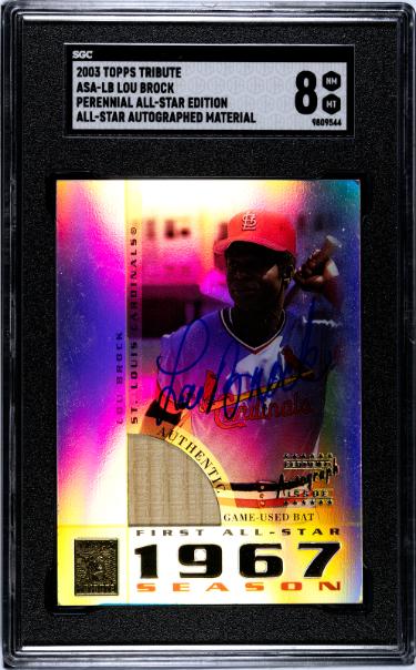 Lou Brock signed 2003 Topps Tribute All Star Material On Card Auto #ASA-LB- SGC Graded 8 NM-MT (1967 AS/Cardinals/HOF)