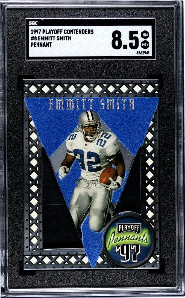 Emmitt Smith 1997 Playoff Contenders Felt Die-Cut Pennant Card #8- SGC Graded 8.5 NM-MT+ (Dallas Cowboys/HOF)