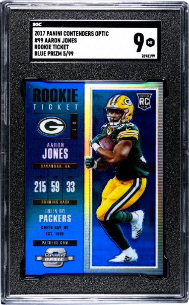 Aaron Jones 2017 Panini Contenders Optic Blue Prizm Rookie Ticket Card (RC) #99- /99- SGC Graded 9 Mint (Green Bay Packers)