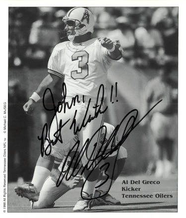 Al Del Greco signed Tennessee Oilers/Titans 5x6 B&W NFL photo Best Wishes John- COA