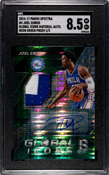 Joel Embiid 2016-17 Panini Spectra Global Icons Material Neon Green Prizm Auto Card #4- /5- SGC Graded 8.5 NM-MT+ (76ers)