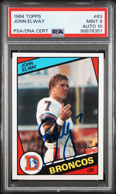 John Elway signed 1984 Topps Rookie On Card Auto (RC) #63- PSA Graded 9 Mint/Autograph 10 (Denver Broncos)