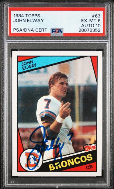 John Elway signed 1984 Topps Rookie On Card Auto (RC) #63- PSA Graded 6 EX-MT/Autograph 10 (Denver Broncos)