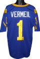 Dick Vermeil signed Blue TB Custom Stitched Pro Style Football Jersey w/ dual Coach & Super Bowl XXXIV Champions XL