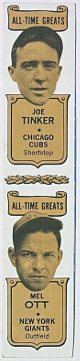 1969-70 Bazooka Bubble Gum All-Time Greats HOF Card 2-card panel  Joe Tinker Chicago Cubs/Mel Ott New York Giants